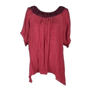 Rose Trim Red Blouse Top Short Sleeve Tee Tshirt with 3-D Roses Women's XXL Plus